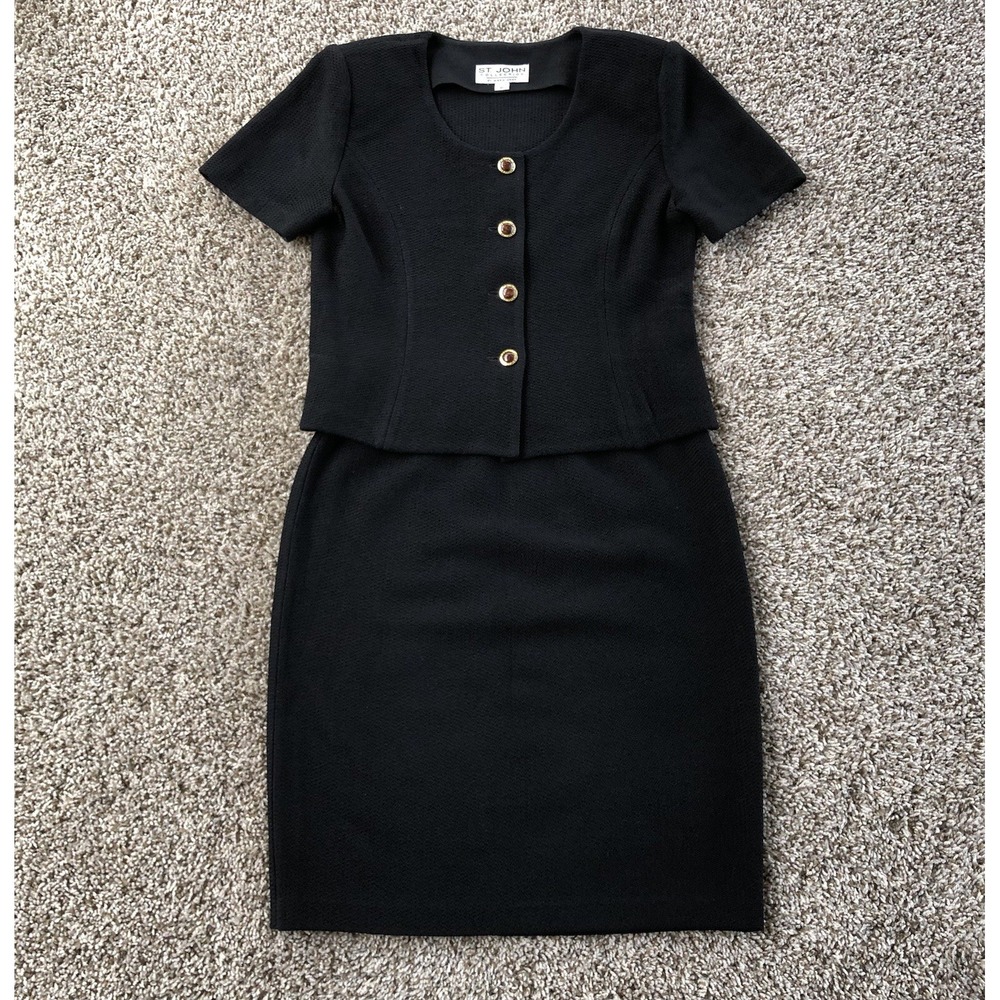 St John Collection 2-Piece Top Skirt Set Size 6 Short Sleeve Tigers Eye Buttons